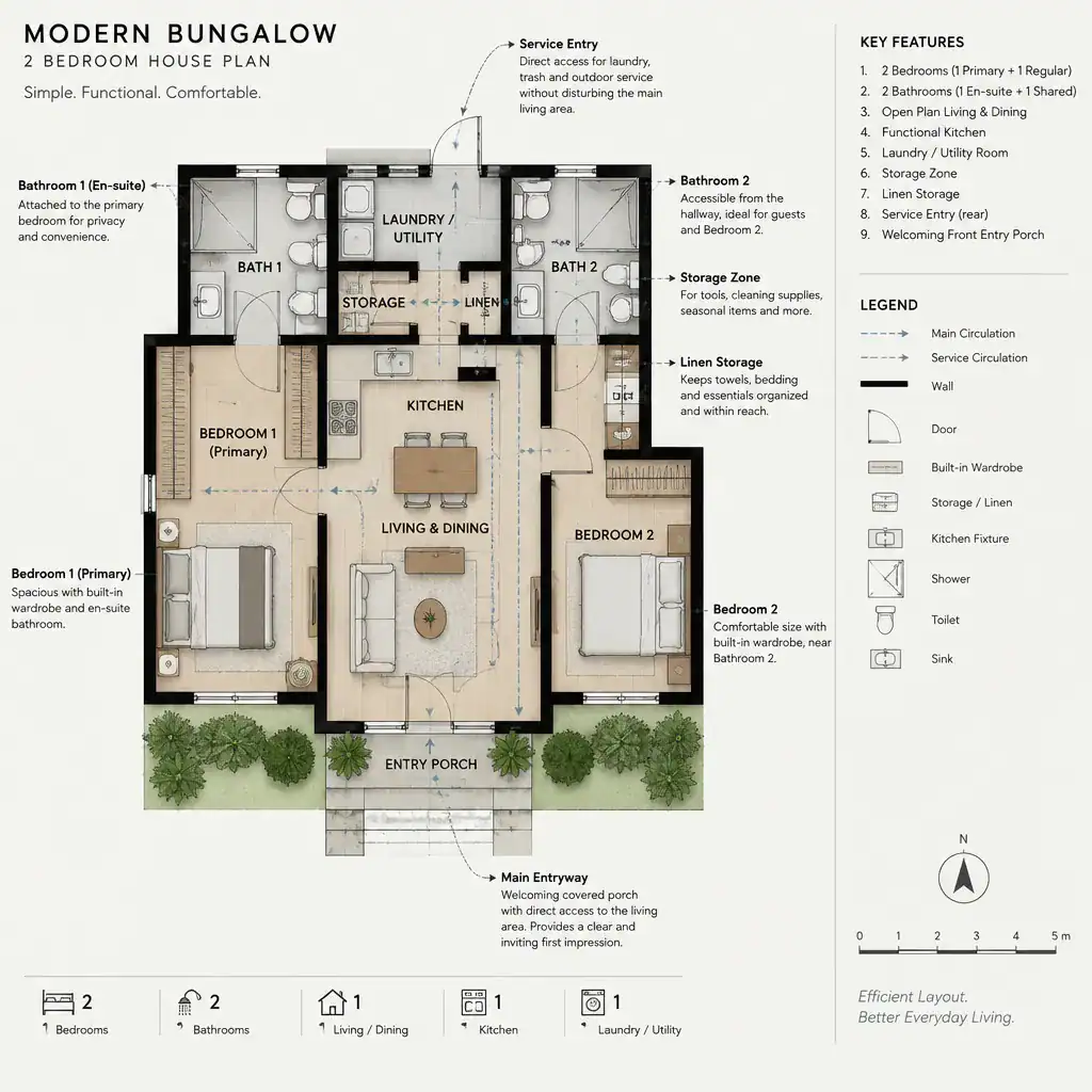 Entry bathroom and storage planning in a bungalow floor plan