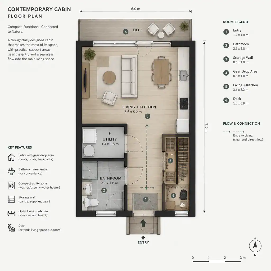 Entry Storage And Service Areas In A Cabin Floor Plan