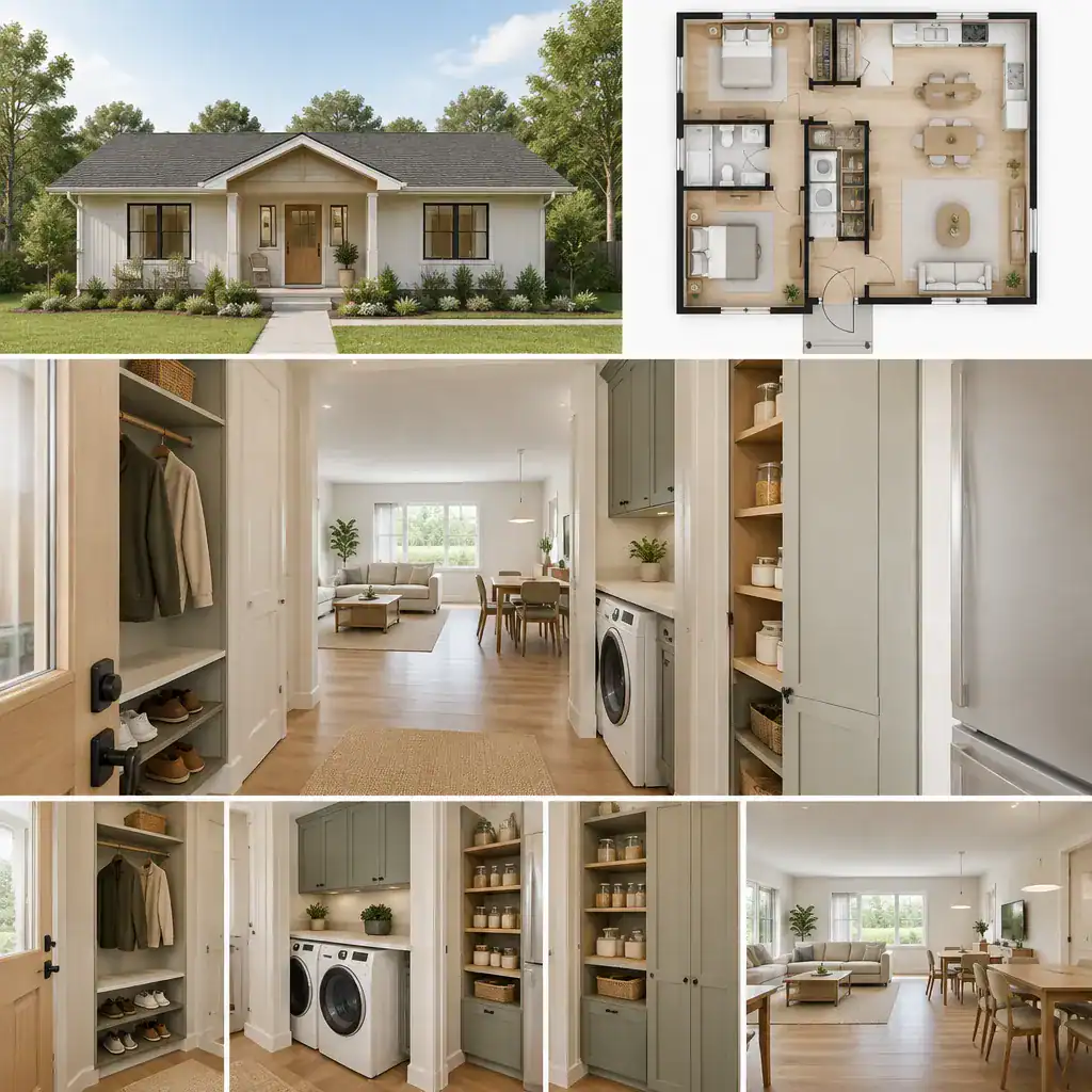 Entry storage and utility planning in a ranch house