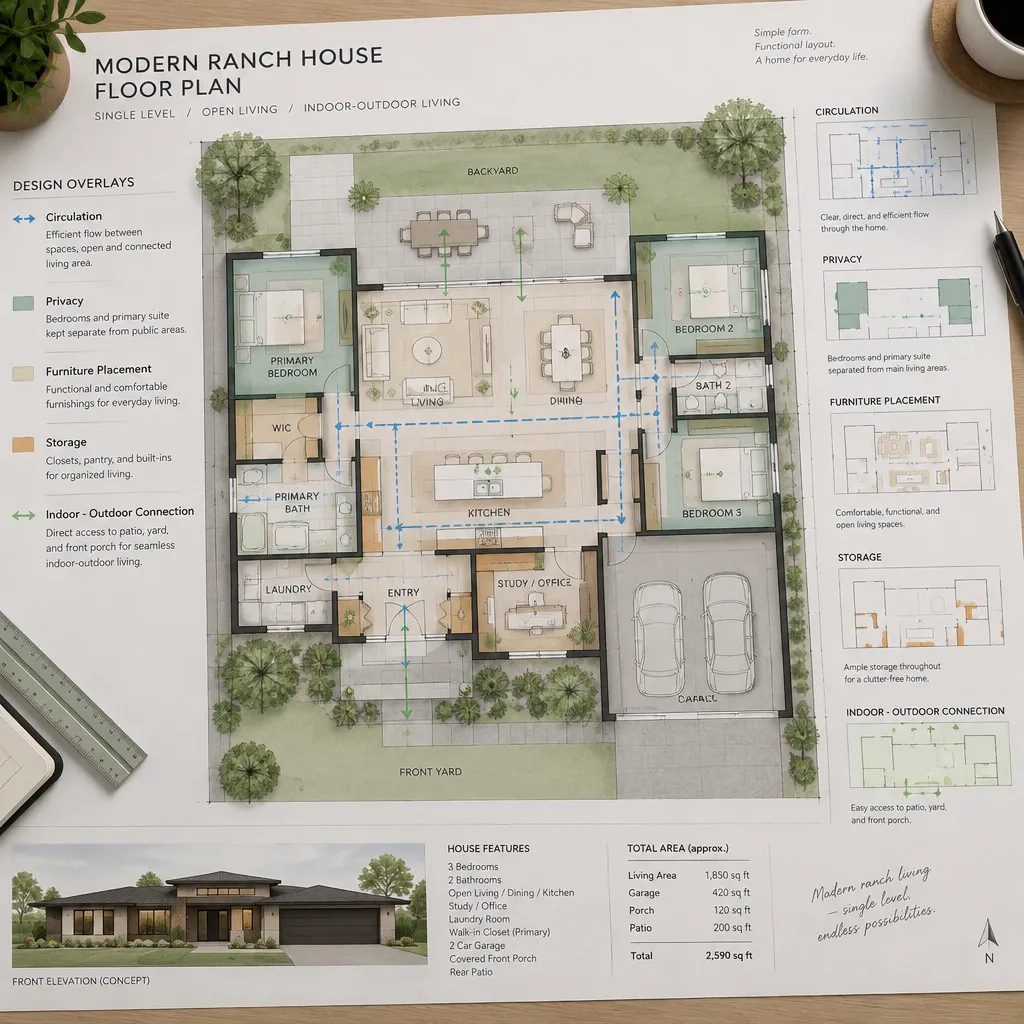 Evaluating circulation and room zoning on a modern ranch house floor plan
