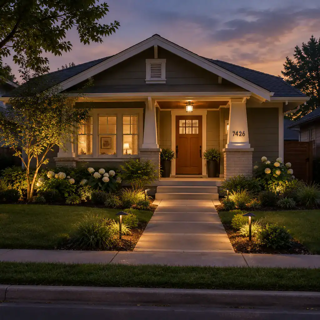 Evening bungalow curb appeal with subtle landscape lighting