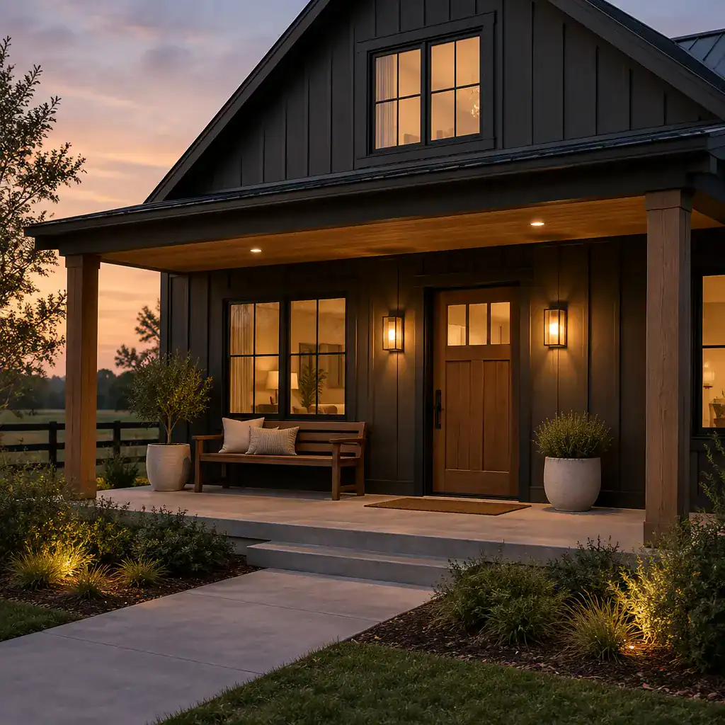 Evening lighting and simple furniture on a modern barn house porch