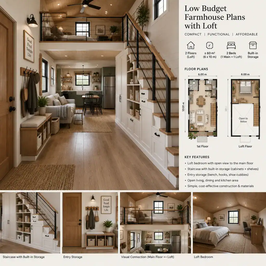 Farmhouse loft staircase with integrated storage and simple railing