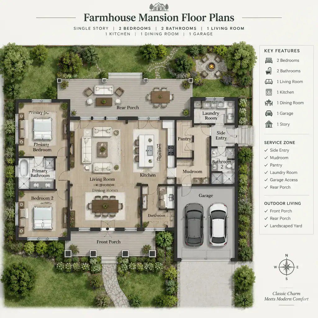 Farmhouse mansion service entry connecting mudroom, pantry, garage, and porch
