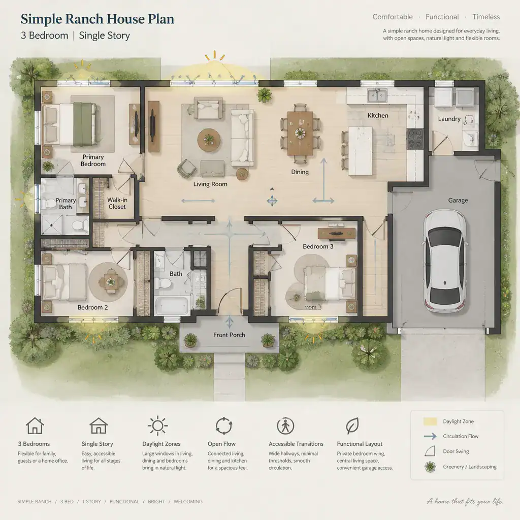 Flexible and comfortable single-story ranch house floor plan