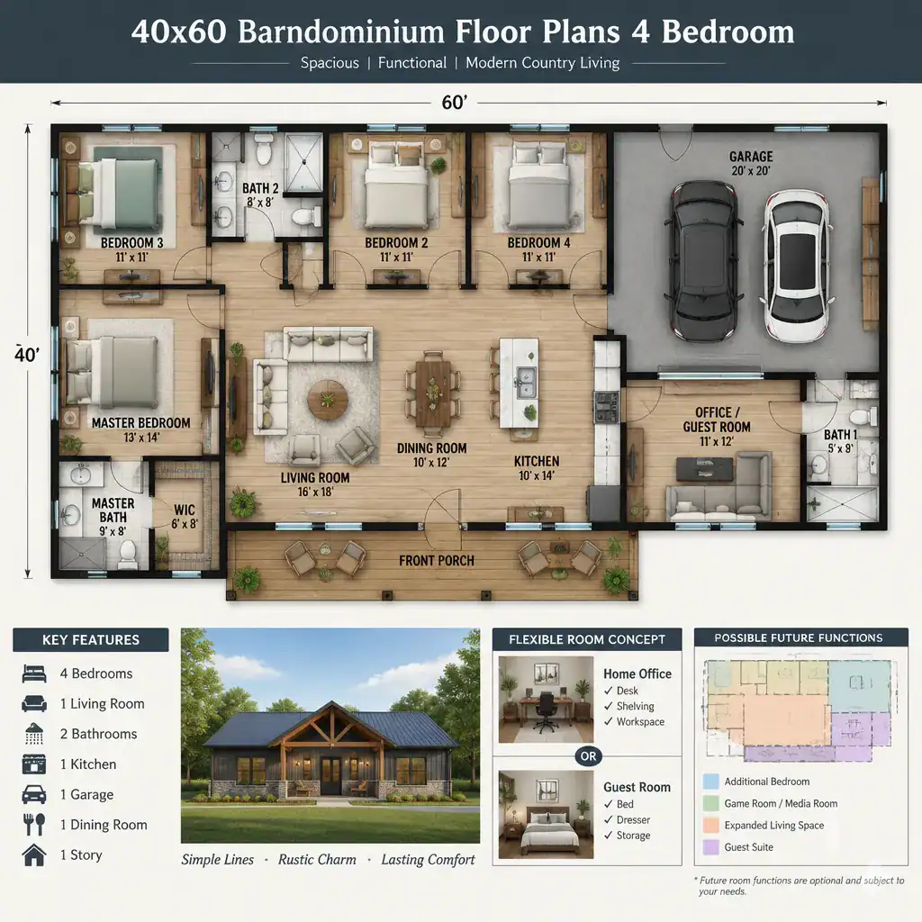 Flexible Bedroom And Home Office In A Barndominium Floor Plan