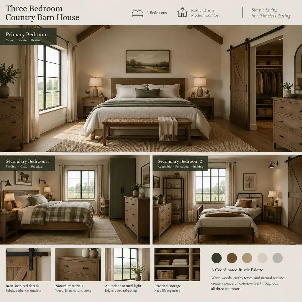 Flexible bedrooms in a country barn house