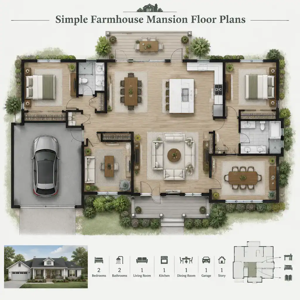 Flexible farmhouse mansion floor plan with multipurpose room