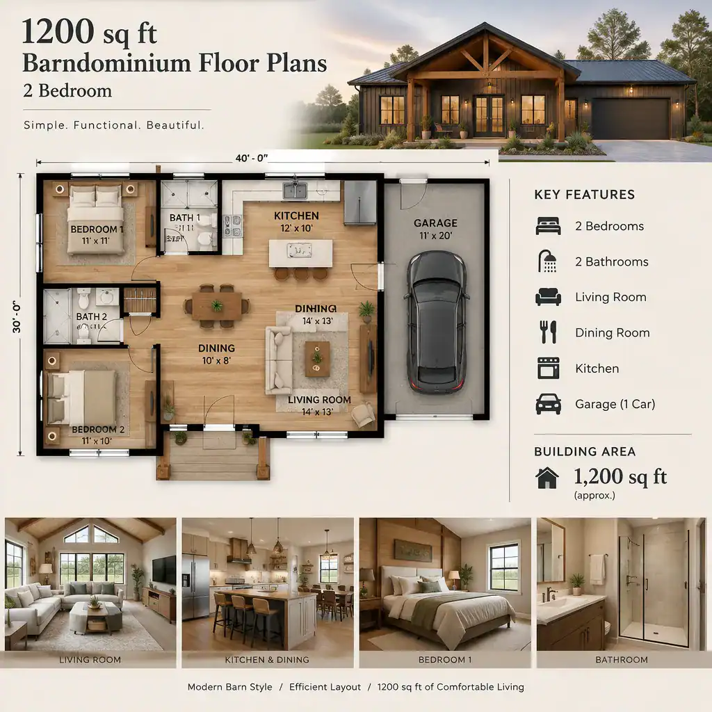 Flexible open living interior for a 1200 sq ft two bedroom barn house