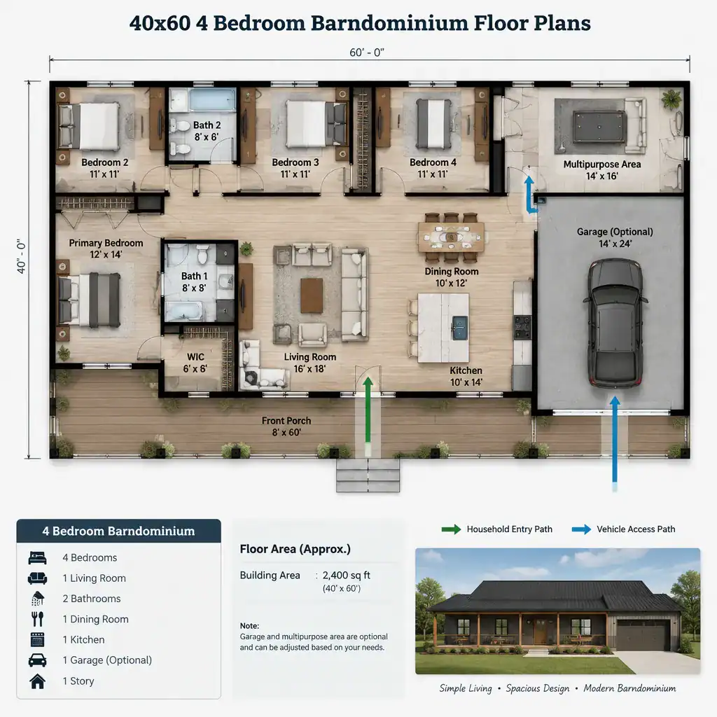 Four Bedroom Barndominium With Optional Garage And Flex Space