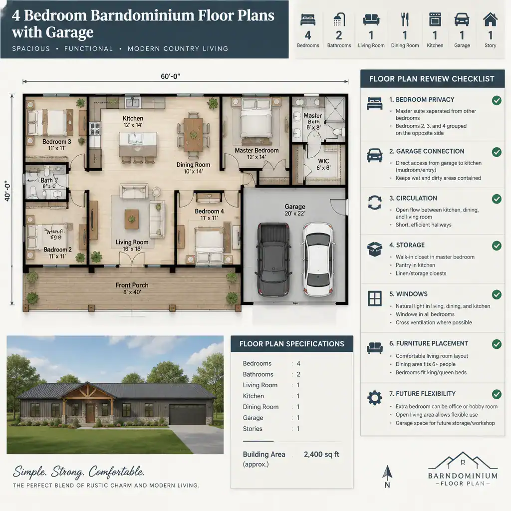 Four-bedroom barndominium floor plan review checklist