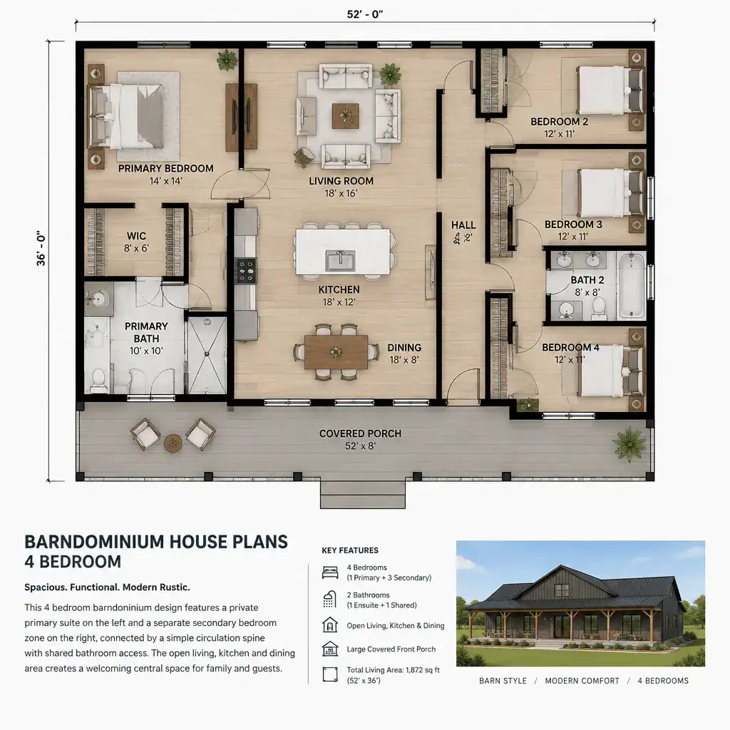 Four-bedroom barndominium layout with separated bedroom zones