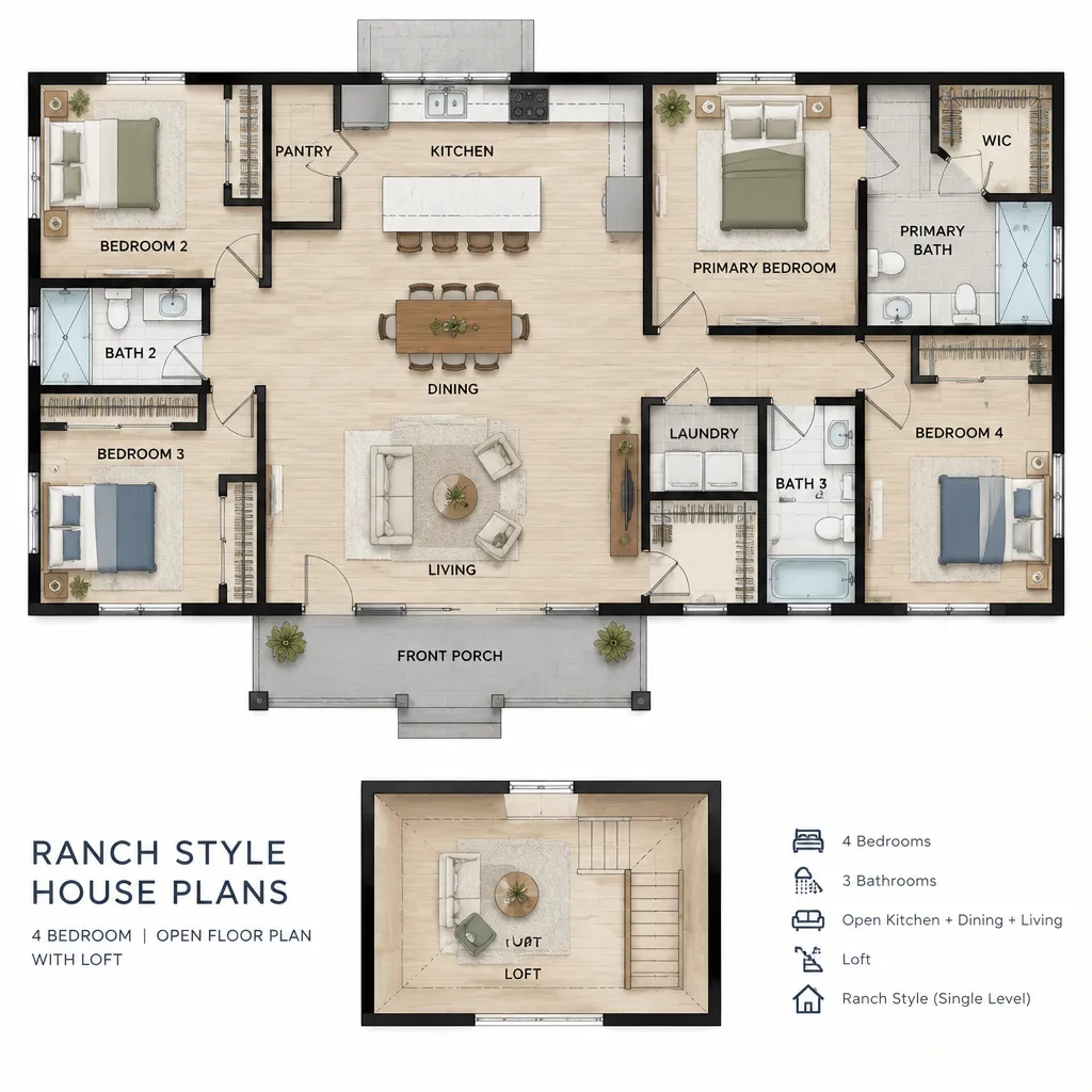 Four-bedroom ranch house plan with open kitchen living and dining layout
