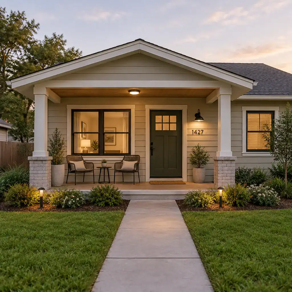 Functional compact front porch on a small ranch house