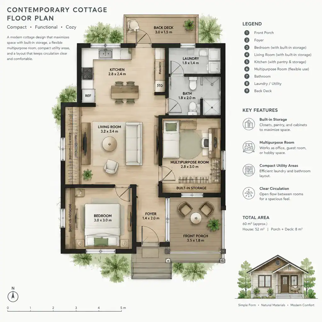 Functional Contemporary Cottage Floor Plan With Flexible Room And Storage