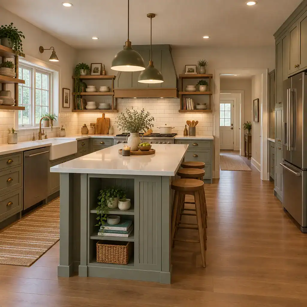 Functional Modern Cottage Kitchen With Layered Lighting And Organized Storage