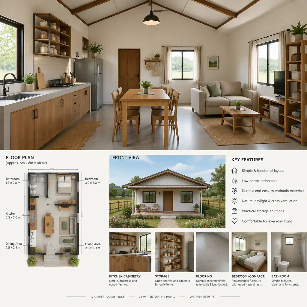 Functional Modest Farmhouse Interior With Practical Kitchen And Living Space