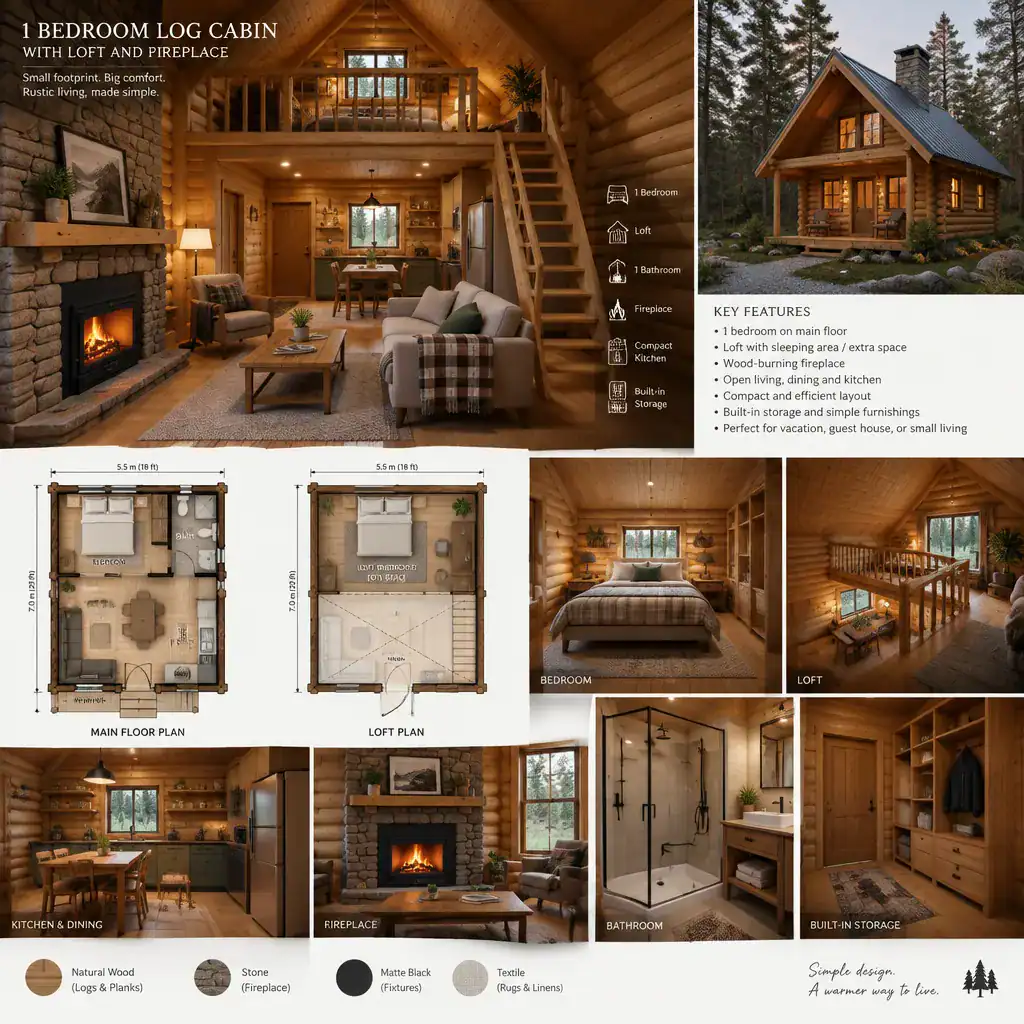 Functional rustic interior of a compact log cabin