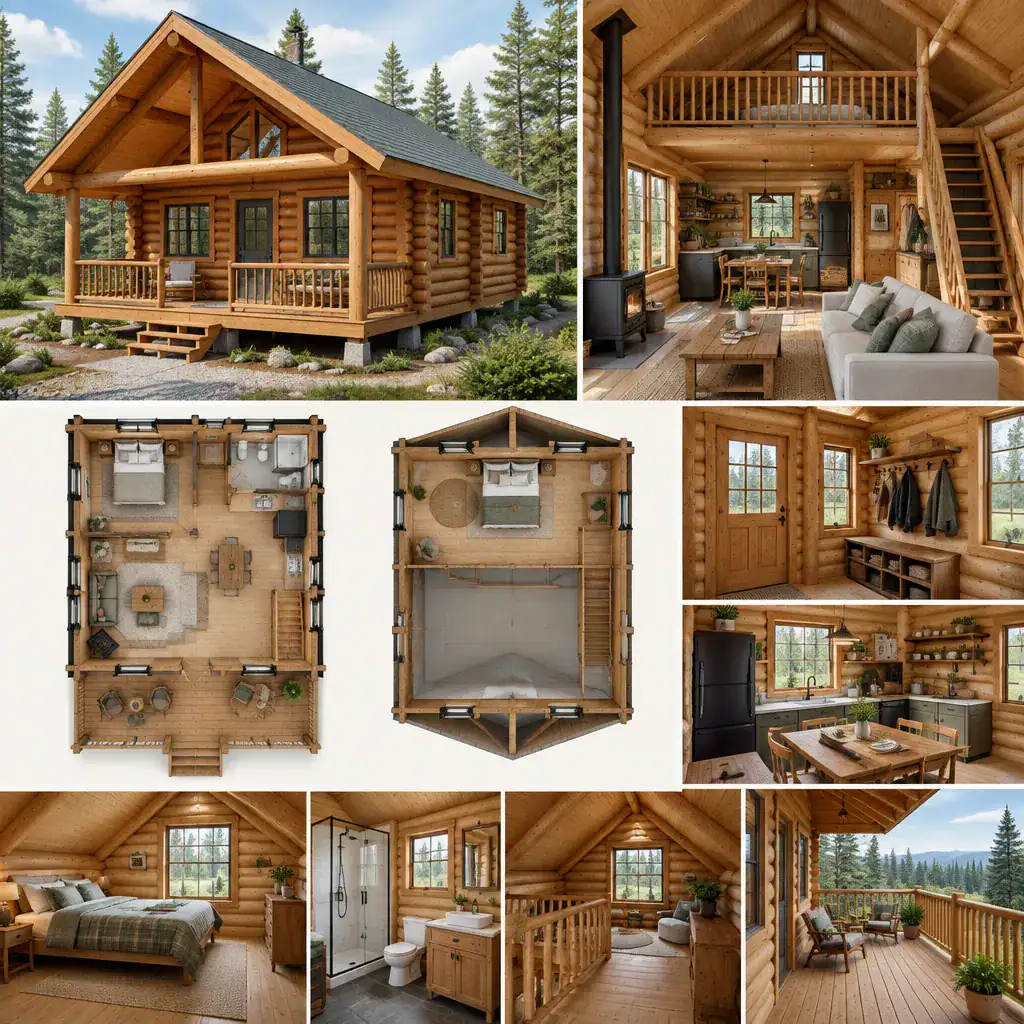 Functional rustic interior of a compact log cabin