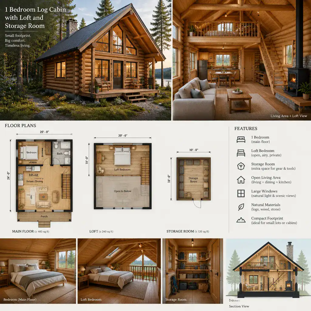 Functional rustic interior of a one-bedroom log cabin