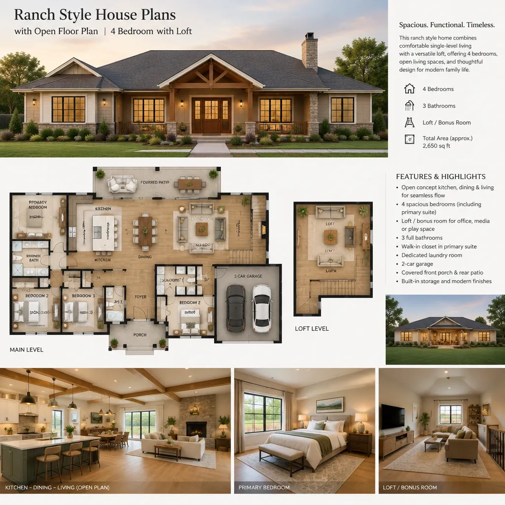 Functional open-plan kitchen dining and living area in a ranch house