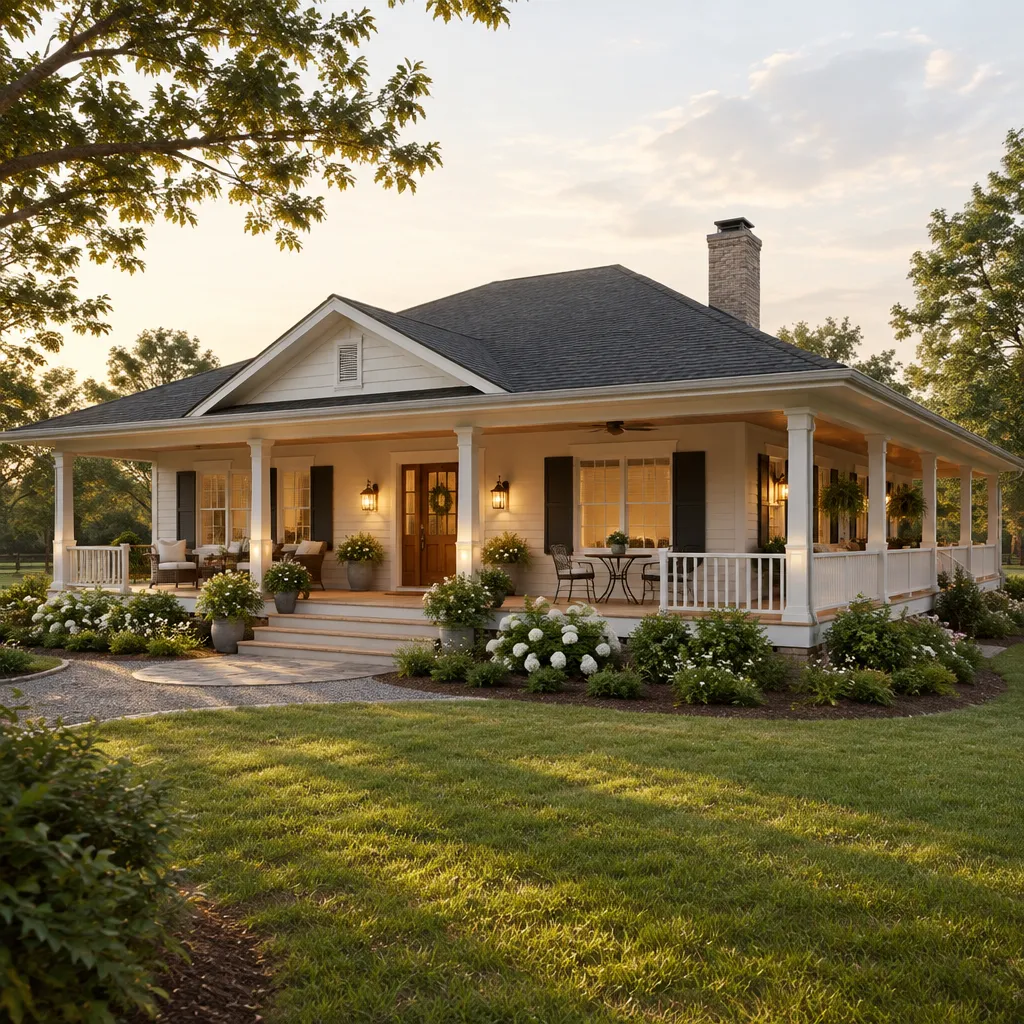 Functional seating arrangement on a traditional ranch house wraparound porch