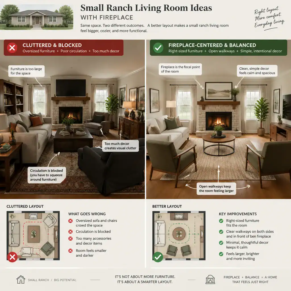 Good and bad layout examples for a small ranch living room fireplace