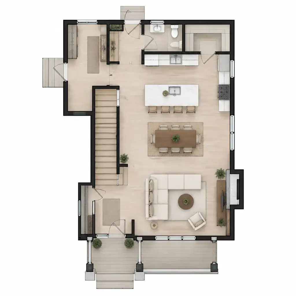 Ground-floor layout concept for a two-story modern farmhouse