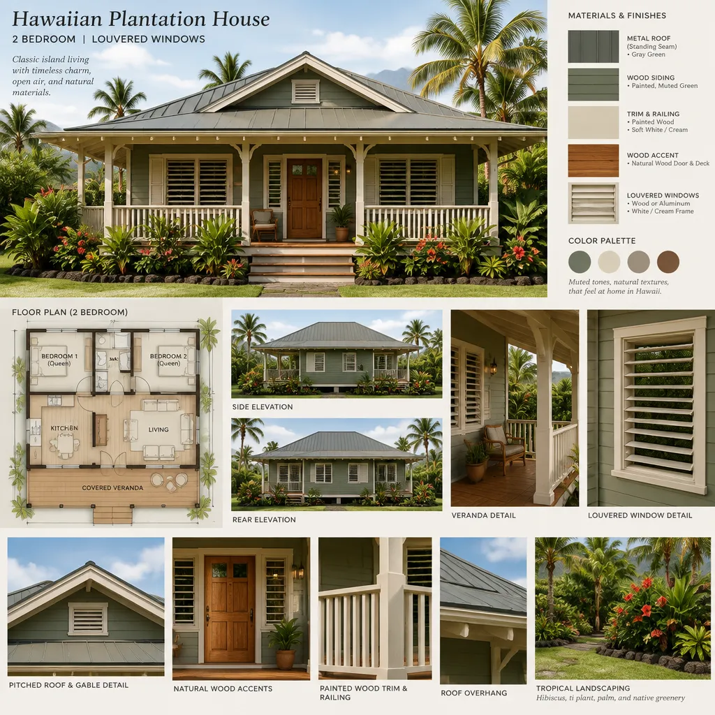 Hawaiian plantation house exterior materials with louvered window details