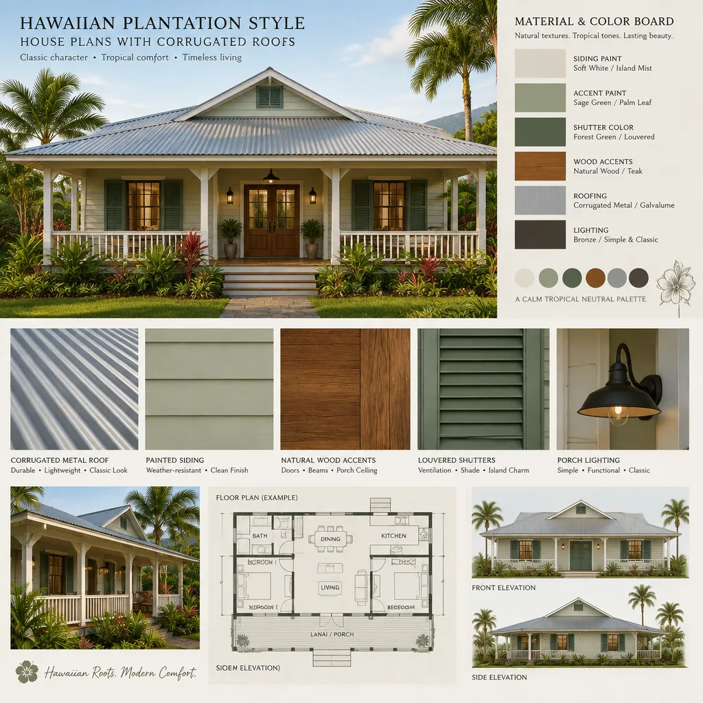 Hawaiian plantation house materials and color palette
