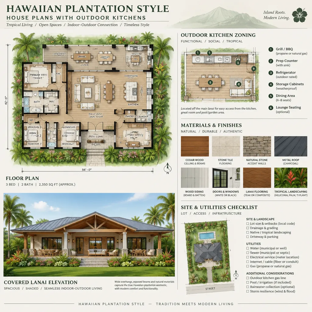 Hawaiian plantation house plan and outdoor kitchen planning checklist