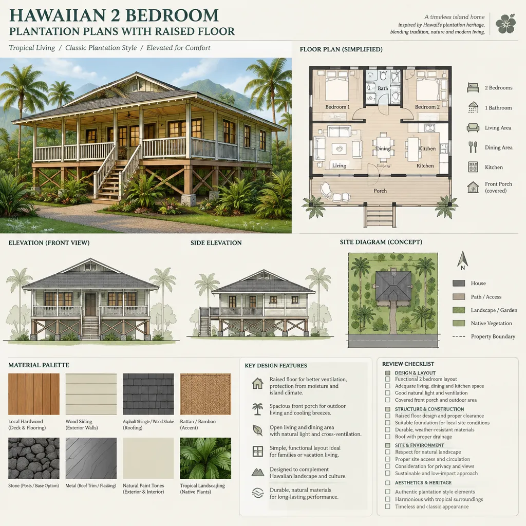 Hawaiian plantation house plan review board with floor plan and elevation