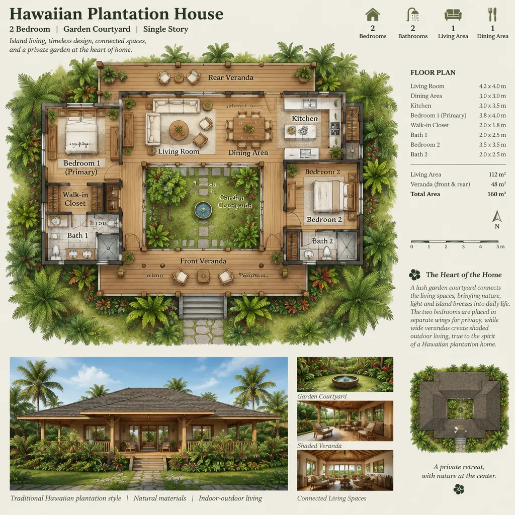 Hawaiian two-bedroom plantation house floor plan with central garden courtyard