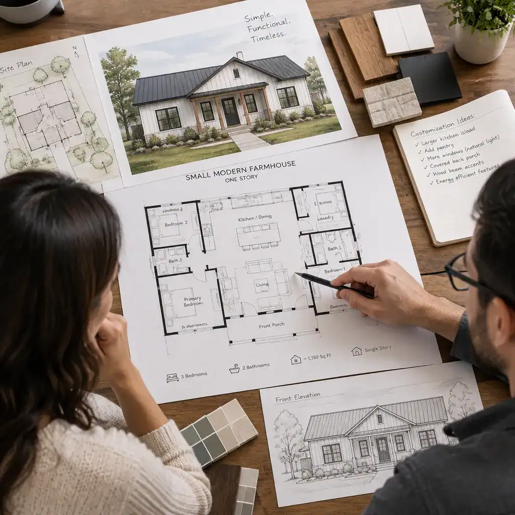 Homeowner and architect reviewing a small modern farmhouse plan