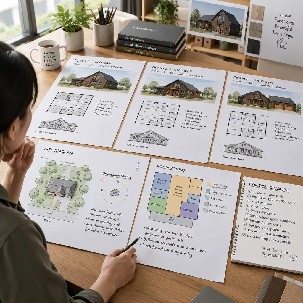 Homeowner comparing simple barn-style house plans with a site checklist