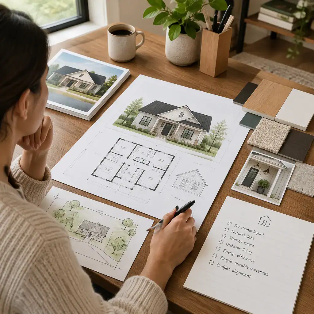 Homeowner Reviewing A Compact Modern Farmhouse Plan With Material Samples
