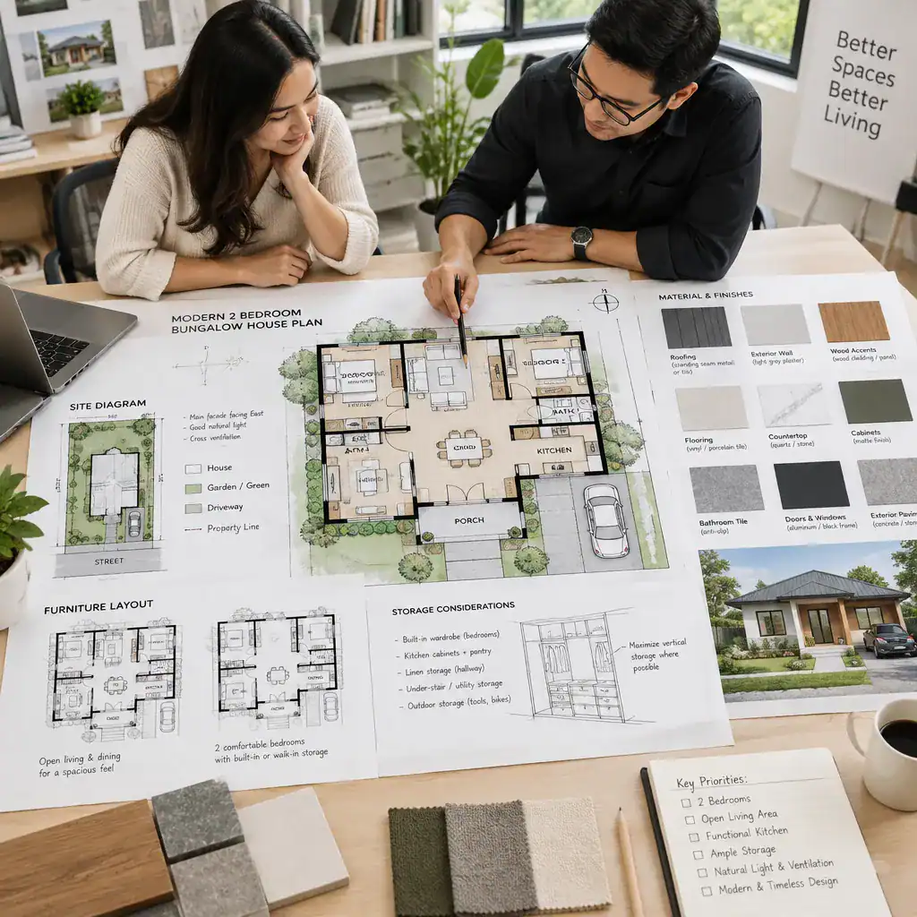 Homeowner reviewing a modern two-bedroom bungalow plan