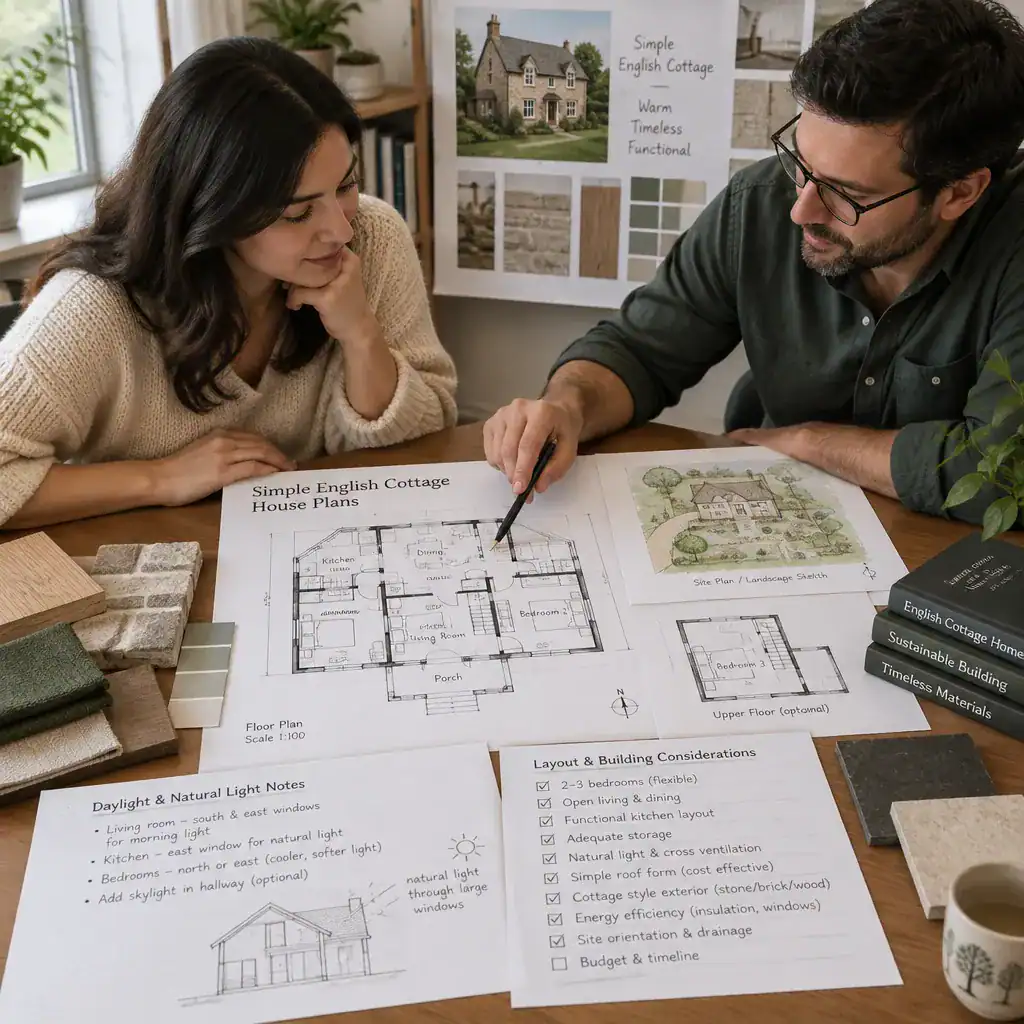 Homeowner reviewing a simple English cottage house plan with a designer