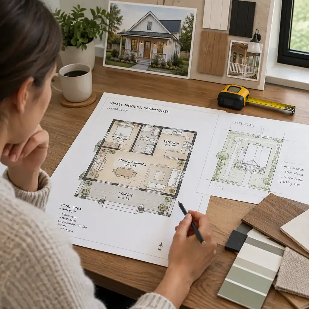 Homeowner reviewing a small modern farmhouse plan