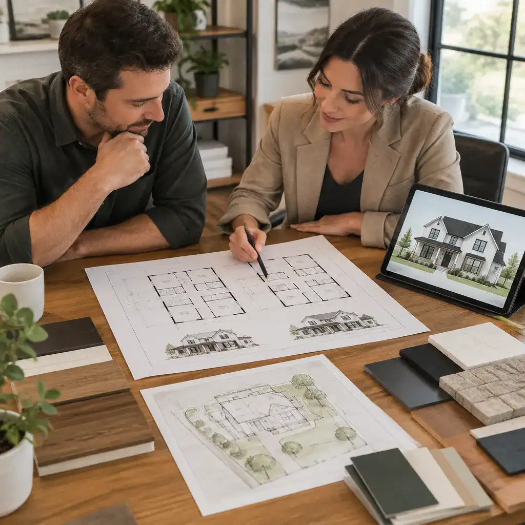 Homeowner reviewing a two-story modern farmhouse plan with a design professional