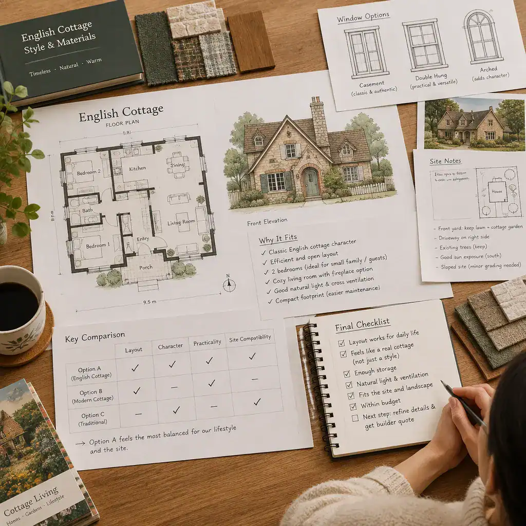 Homeowner reviewing an English cottage floor plan and design checklist