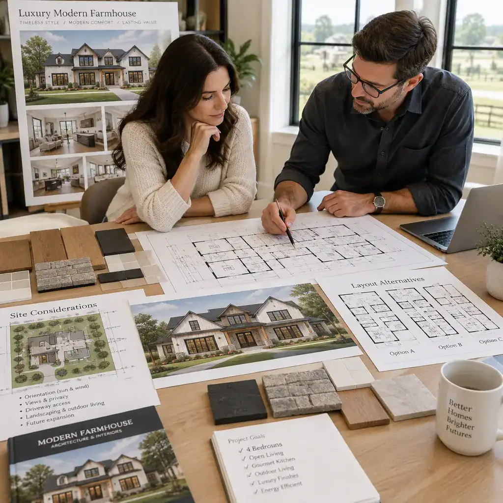 Homeowner reviewing luxury modern farmhouse plan options