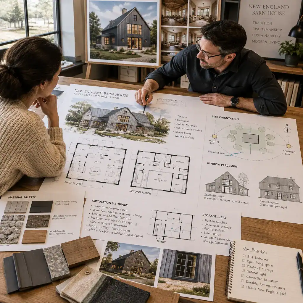 Homeowner reviewing New England barn house plans with a designer and site diagrams