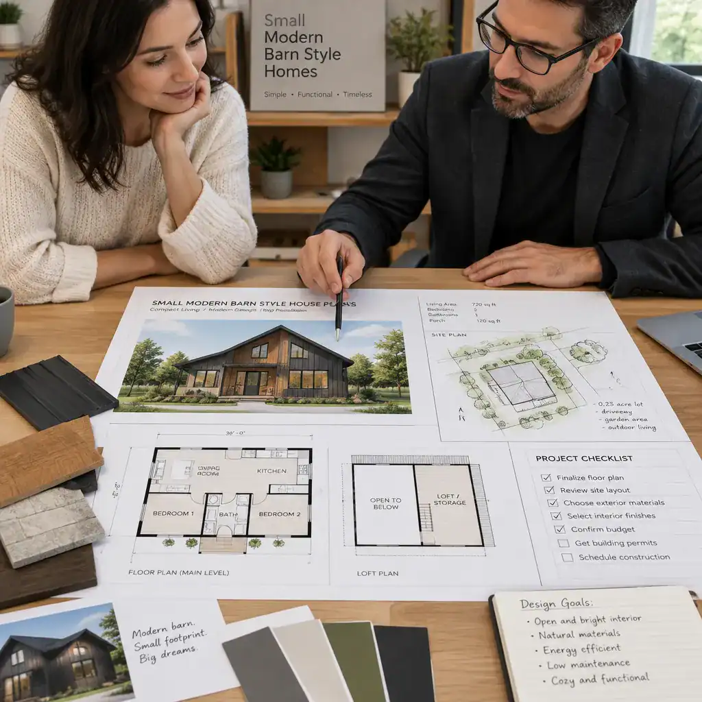 Homeowner reviewing small modern barn house plans with a residential designer
