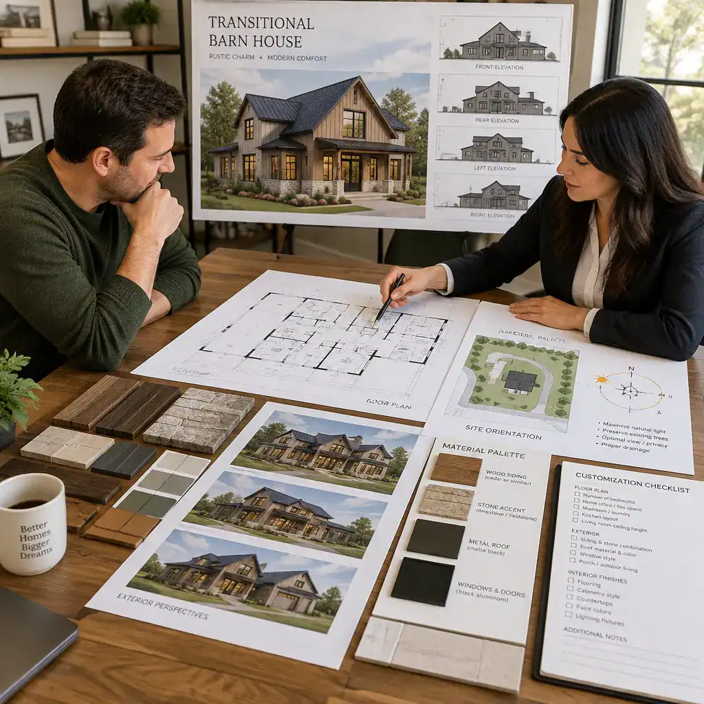 Homeowner reviewing transitional barn house plans with a design professional