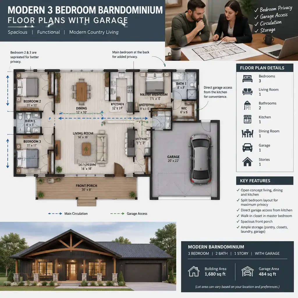 Homeowner and designer evaluating a modern barndominium floor plan