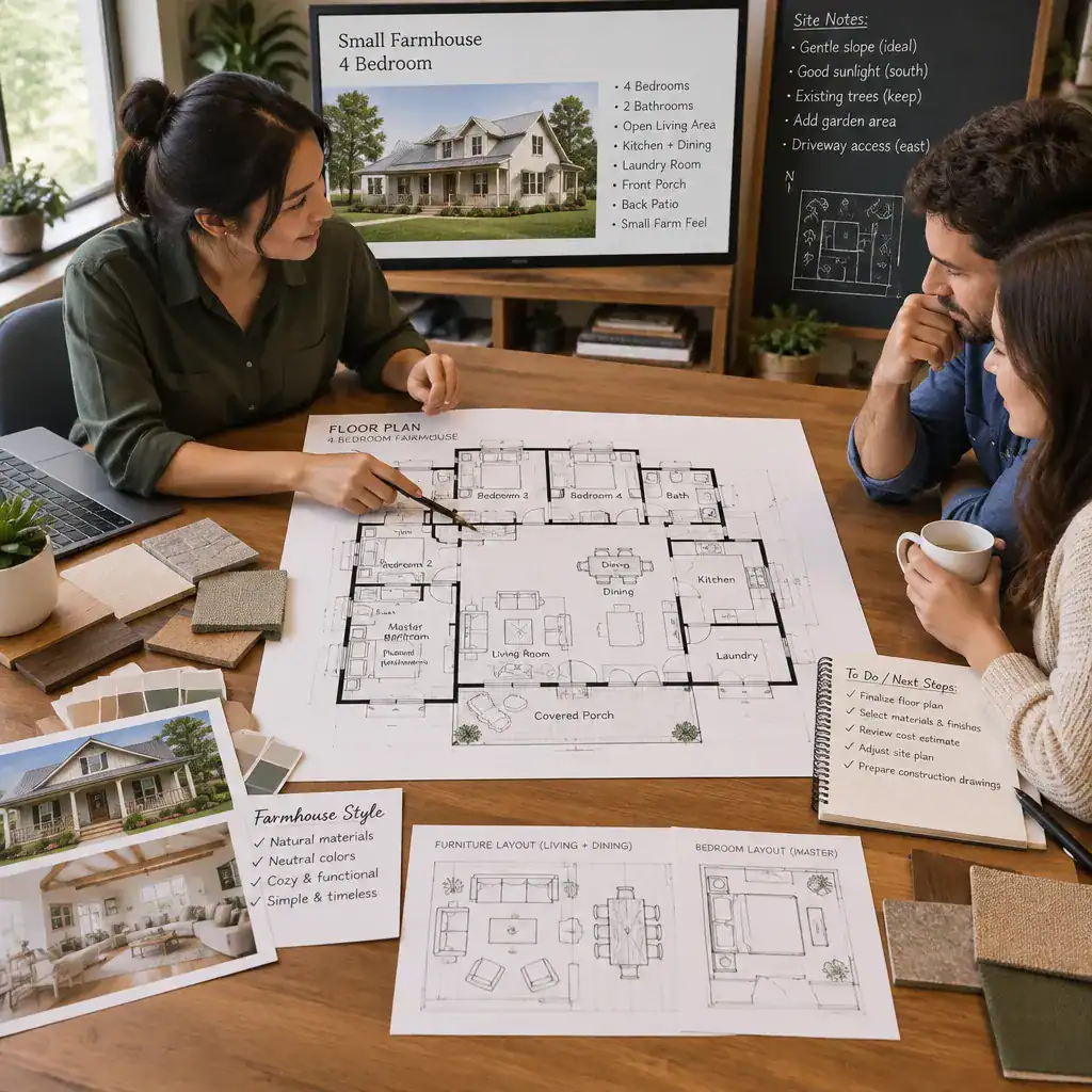 Homeowners Reviewing A Four Bedroom Farmhouse Plan With A Designer