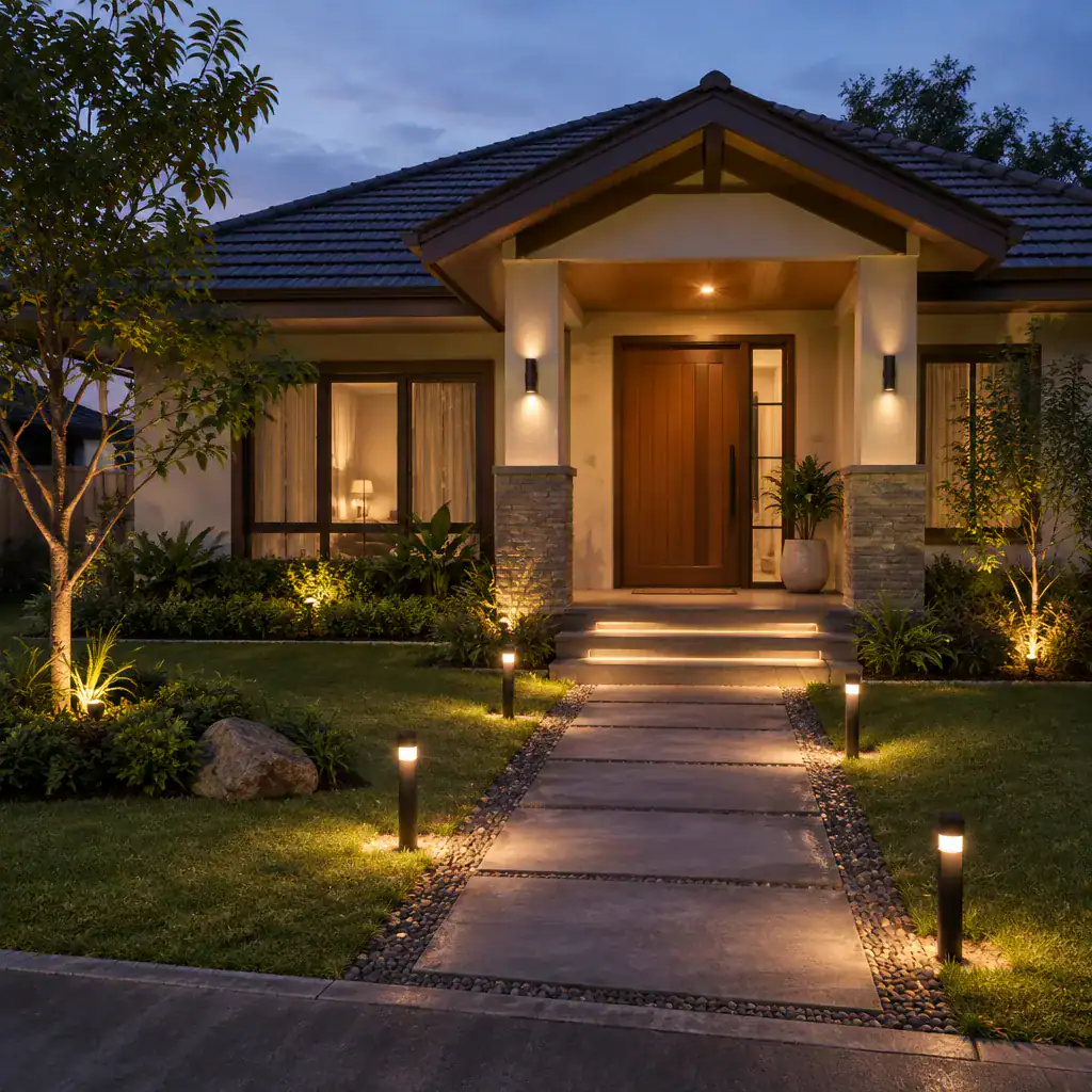 Illuminated bungalow garden entrance at dusk