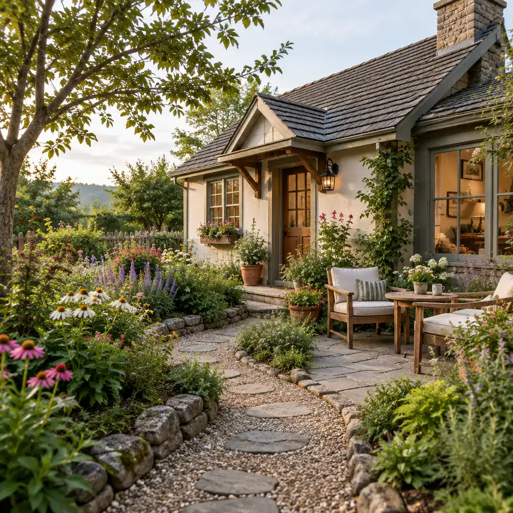 Informal Cottage Garden With Natural Stone Path And Patio