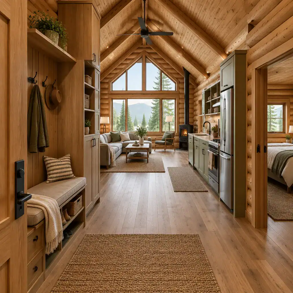 Integrated storage in a compact vaulted-ceiling log cabin interior